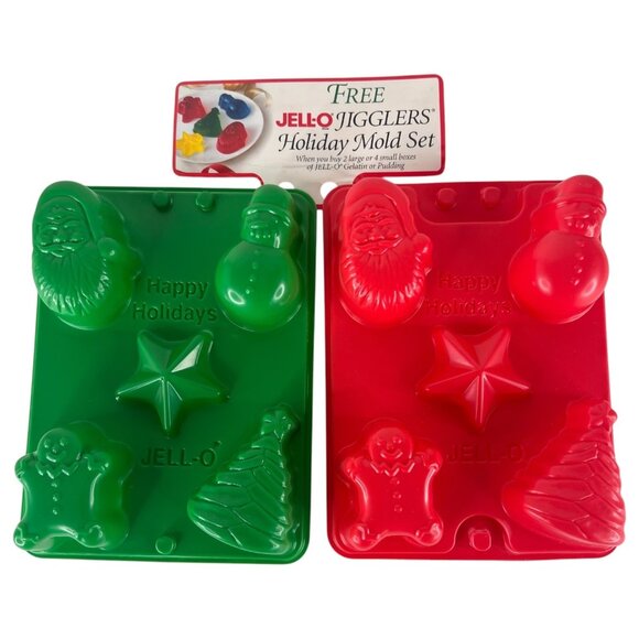 Vintage 1997 JELL-O Jello Jigglers Molds Christmas Shapes Set of 2 Green &amp; R - Picture 1 of 8